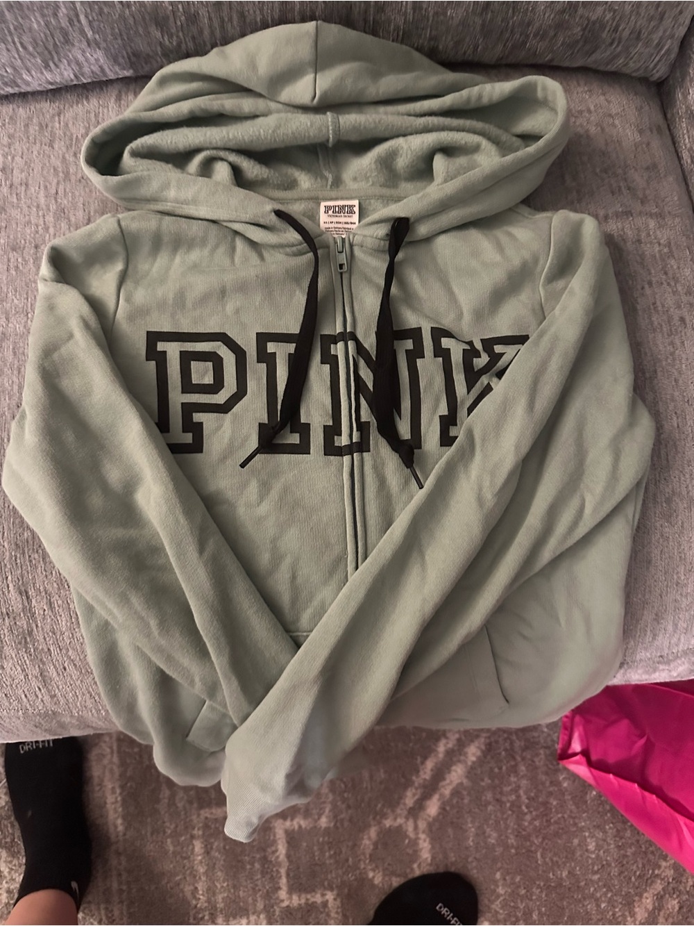 PINK Victoria's Secret Sage Green Zip-Up Hoodie with Black Logo